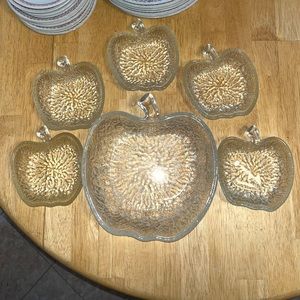 Apple Shaped Dessert Bowls in Tree Bark Ice Pressed Glass Vintage Set of Six